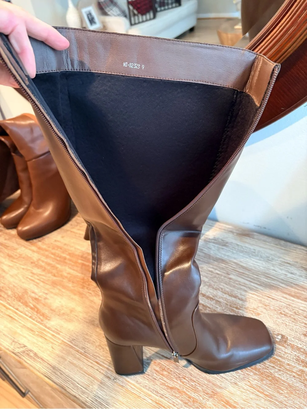 Tall, Dark Brown Women's Faux Leather, Square Toe, Chunky Heel Boots - Picture 4 of 5